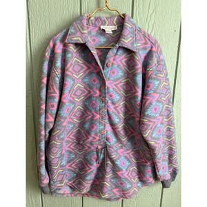 Vintage 90s Geometric Fleece Pullover | Pink Blue Aztec Print | Women’s M